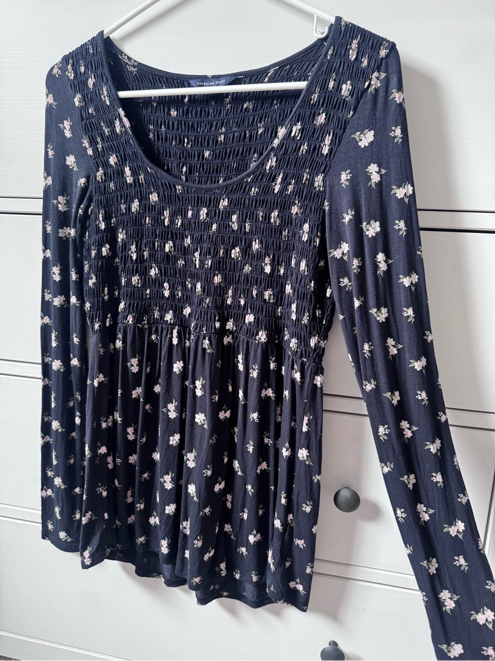 American Eagle Black Floral Smocked Babydoll Long Sleeve Top